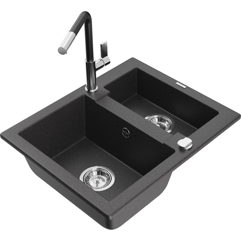 Mexen Carlos Granit-Spülbecken 1,5-fach mit Küchenarmatur Flora, schwarz gesprenkelt - 6518-76-670401-07