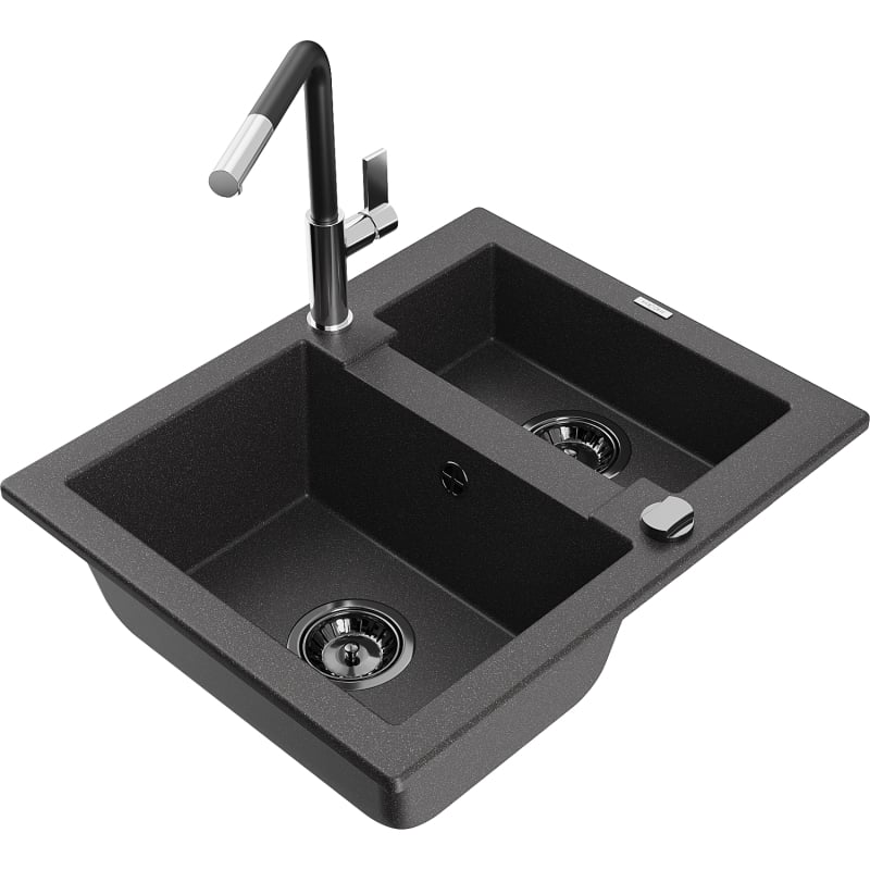 Mexen Carlos 1,5-Kammer-Graniteinbauspüle mit Küchenarmatur Flora, schwarz gesprenkelt - 6518-76-670401-07-B