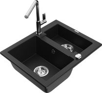 Mexen Carlos Granitspüle 1,5 Kammern mit Küchenarmatur Flora, schwarz - 6518-77-670401-00