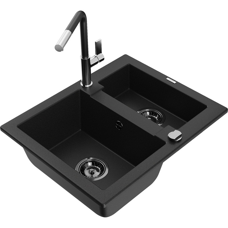 Mexen Carlos Granit-Spülbecken 1,5-Kammer mit Küchenarmatur Flora, schwarz - 6518-77-670401-07-B