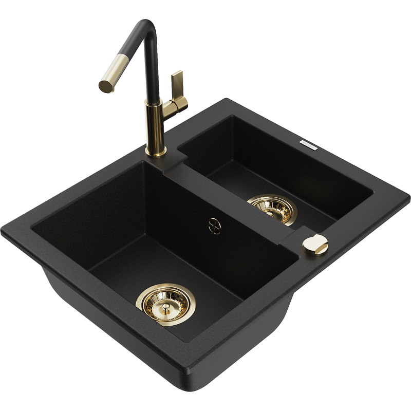 Mexen Carlos Granitspüle 1,5-bowl mit Küchenarmatur Flora, schwarz - 6518-77-670401-57-G