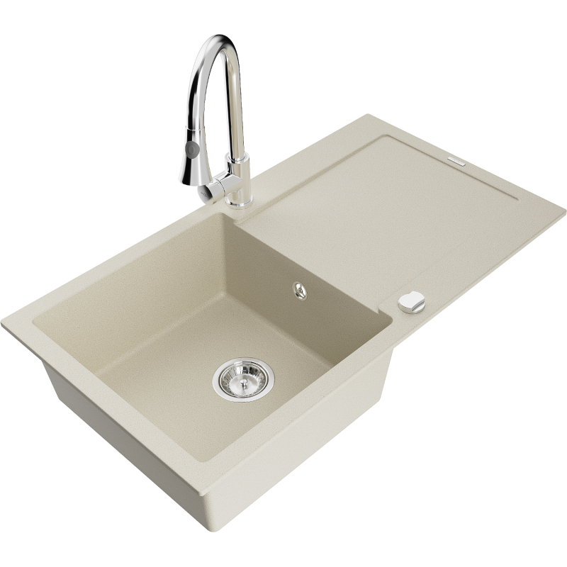 Mexen Leo Granitspüle 1-beckig mit Abtropffläche und Küchenarmatur Elia, beige - 6501-69-670101-00