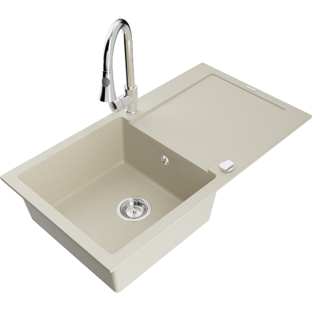 Mexen Leo granitspüle 1-becken mit abtropffläche und küchenarmatur Elia, beige - 6501-69-670101-00