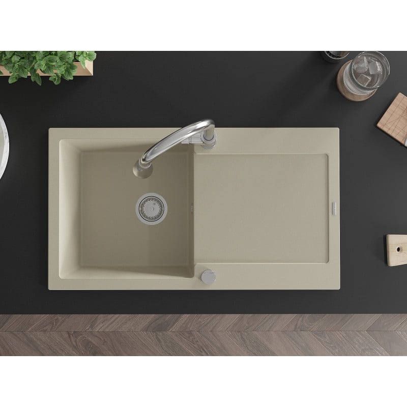 Mexen Leo Granitspüle 1-beckig mit Abtropffläche und Küchenarmatur Elia, beige - 6501-69-670101-00