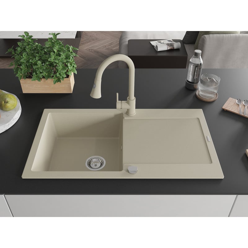 Mexen Leo Granitspüle 1-becken mit Abtropffläche und Küchenarmatur Elia, beige - 6501-69-670101-69
