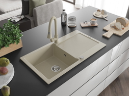 Mexen Leo Granitspüle 1-becken mit Abtropffläche und Küchenarmatur Elia, beige - 6501-69-670101-69