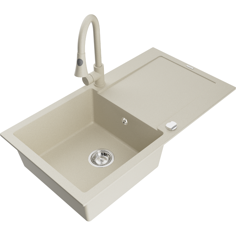 Mexen Leo Granitspüle 1-becken mit Abtropffläche und Küchenarmatur Elia, beige - 6501-69-670101-69