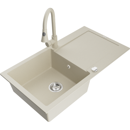 Mexen Leo Granitspüle 1-becken mit Abtropffläche und Küchenarmatur Elia, beige - 6501-69-670101-69