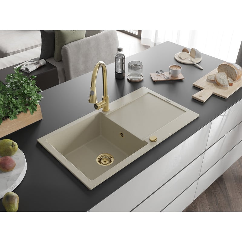 Mexen Leo Granitspüle 1-Becken mit Abtropffläche und Küchenarmatur Elia, beige - 6501-69-670101-50