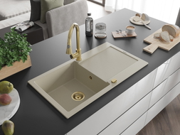 Mexen Leo Granitspüle 1-beckig mit Abtropffläche und Küchenarmatur Elia, beige - 6501-69-670101-50