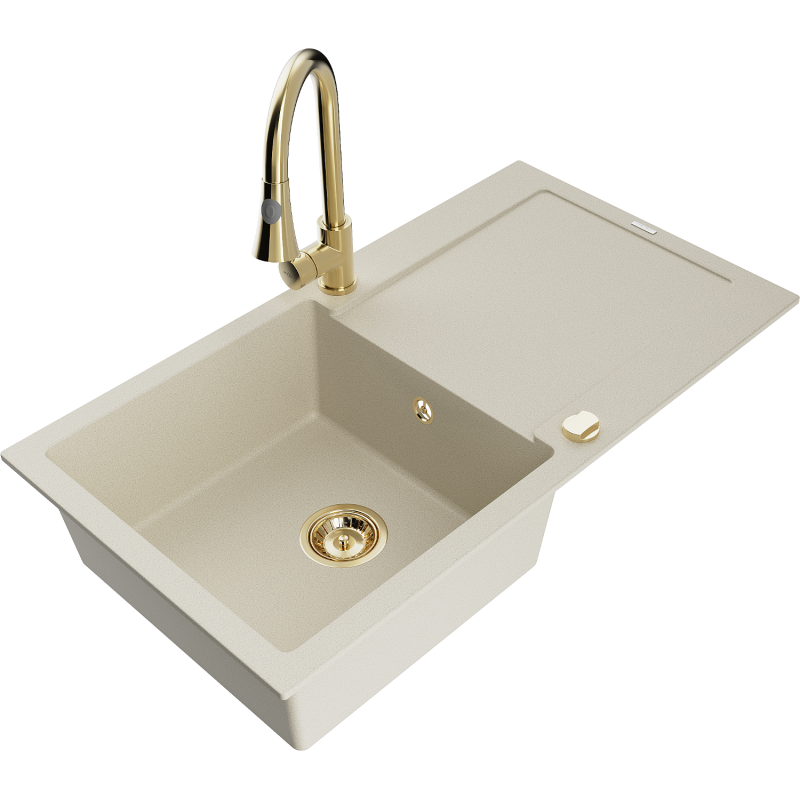 Mexen Leo Granitspüle 1-Becken mit Abtropffläche und Küchenarmatur Elia, beige - 6501-69-670101-50