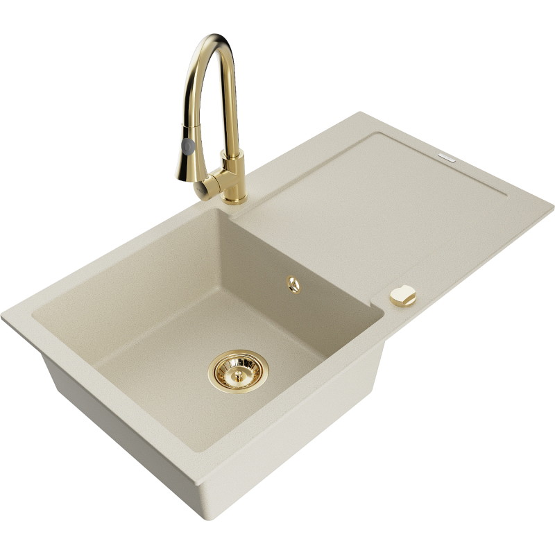 Mexen Leo Granitspüle 1-beckig mit Abtropffläche und Küchenarmatur Elia, beige - 6501-69-670101-50