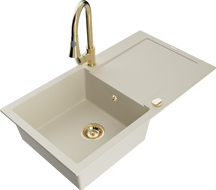 Mexen Leo Granitspüle 1-beckig mit Abtropffläche und Küchenarmatur Elia, beige - 6501-69-670101-50