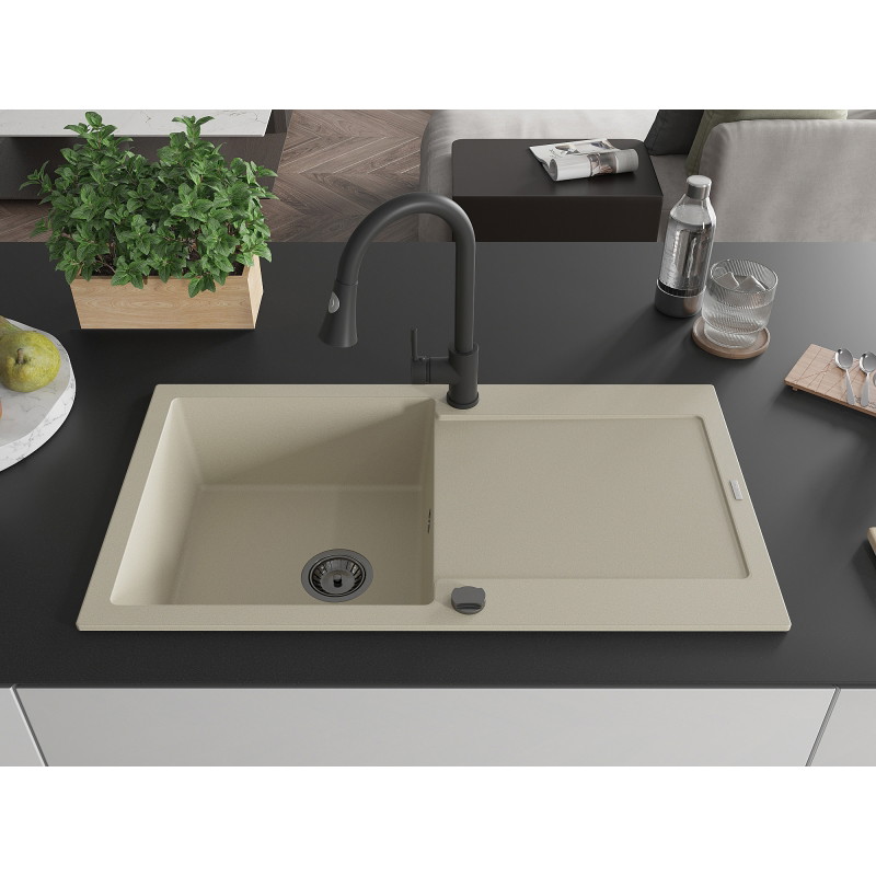 Mexen Leo granitspüle 1-becken mit abtropffläche und küchenarmatur Elia, beige - 6501-69-670101-70