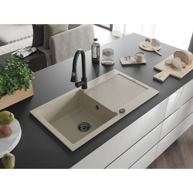 Mexen Leo granitspüle 1-becken mit abtropffläche und küchenarmatur Elia, beige - 6501-69-670101-70