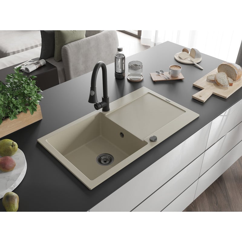 Mexen Leo Granitspüle 1-beckig mit Abtropffläche und Küchenarmatur Elia, beige - 6501-69-670101-70