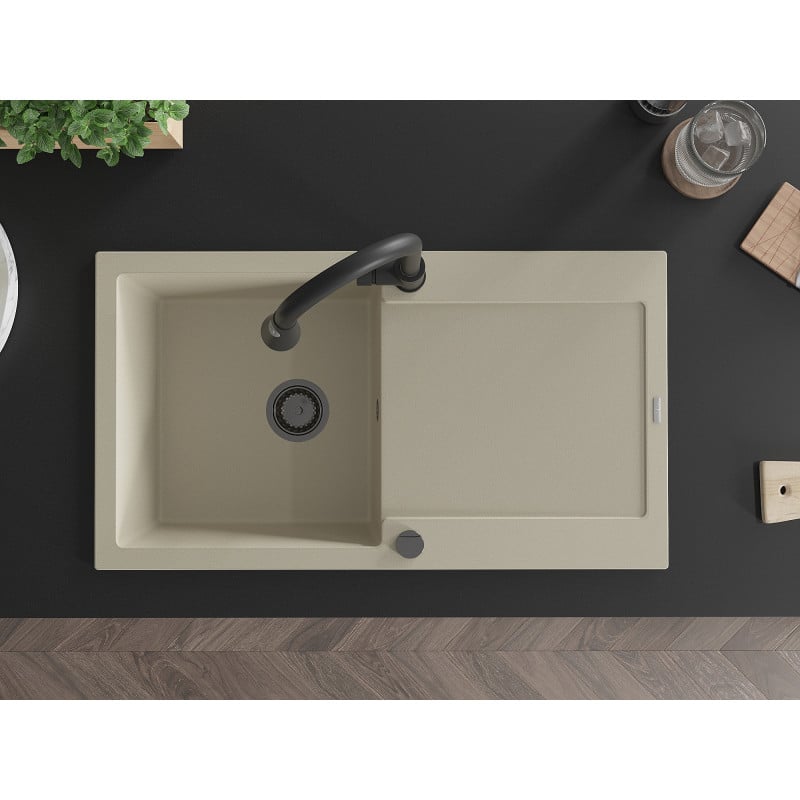 Mexen Leo Granitspüle 1-beckig mit Abtropffläche und Küchenarmatur Elia, beige - 6501-69-670101-70