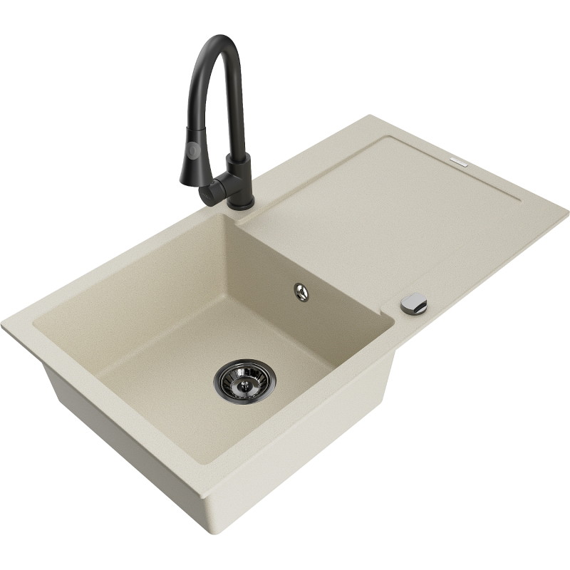 Mexen Leo granitspüle 1-becken mit abtropffläche und küchenarmatur Elia, beige - 6501-69-670101-70