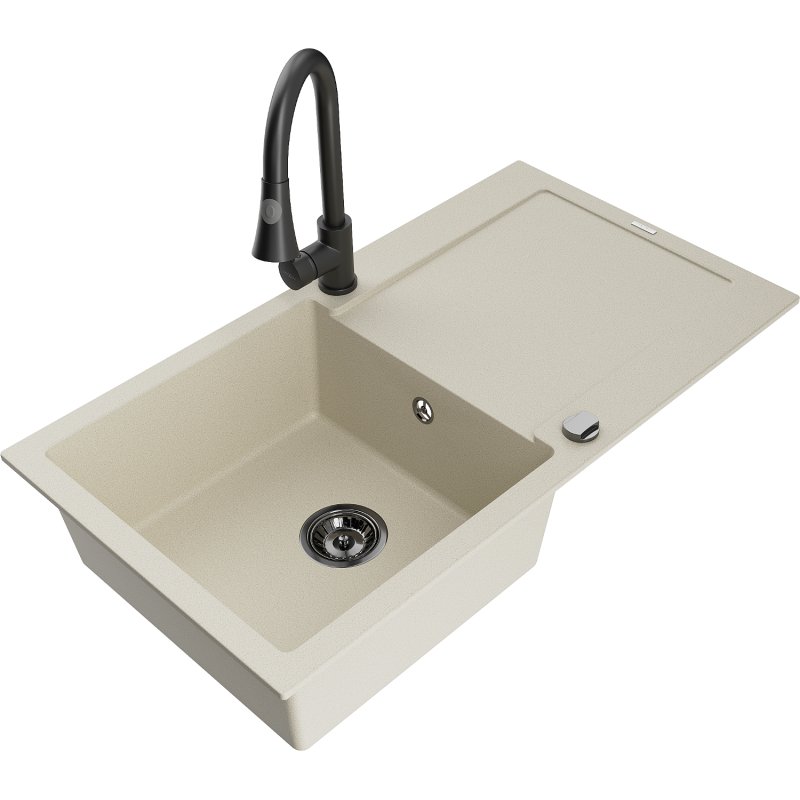 Mexen Leo Granitspüle 1-beckig mit Abtropffläche und Küchenarmatur Elia, beige - 6501-69-670101-70