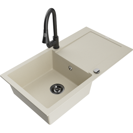 Mexen Leo Granitspüle 1-beckig mit Abtropffläche und Küchenarmatur Elia, beige - 6501-69-670101-70