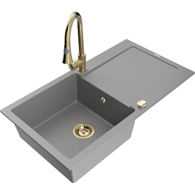 Mexen Leo Granitspüle 1-Becken mit Abtropffläche und Küchenarmatur Elia, grau - 6501-71-670101-50