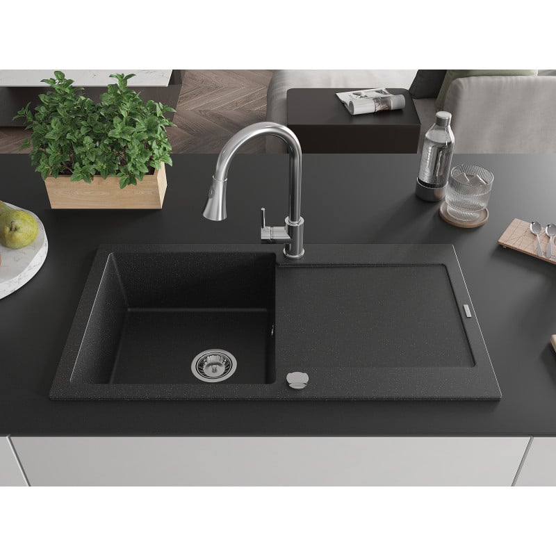 Mexen Leo Granitspüle 1-Becken mit Abtropffläche und Küchenarmatur Elia, schwarz/silber metallic - 6501-73-670101-00