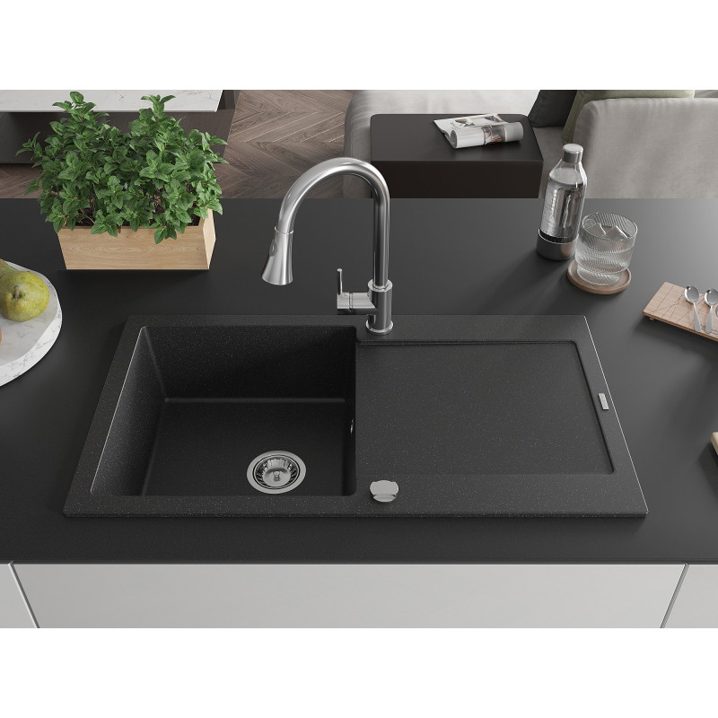Mexen Leo Granitspüle 1-Becken mit Abtropffläche und Küchenarmatur Elia, schwarz/silberner Metallic - 6501-73-670101-00