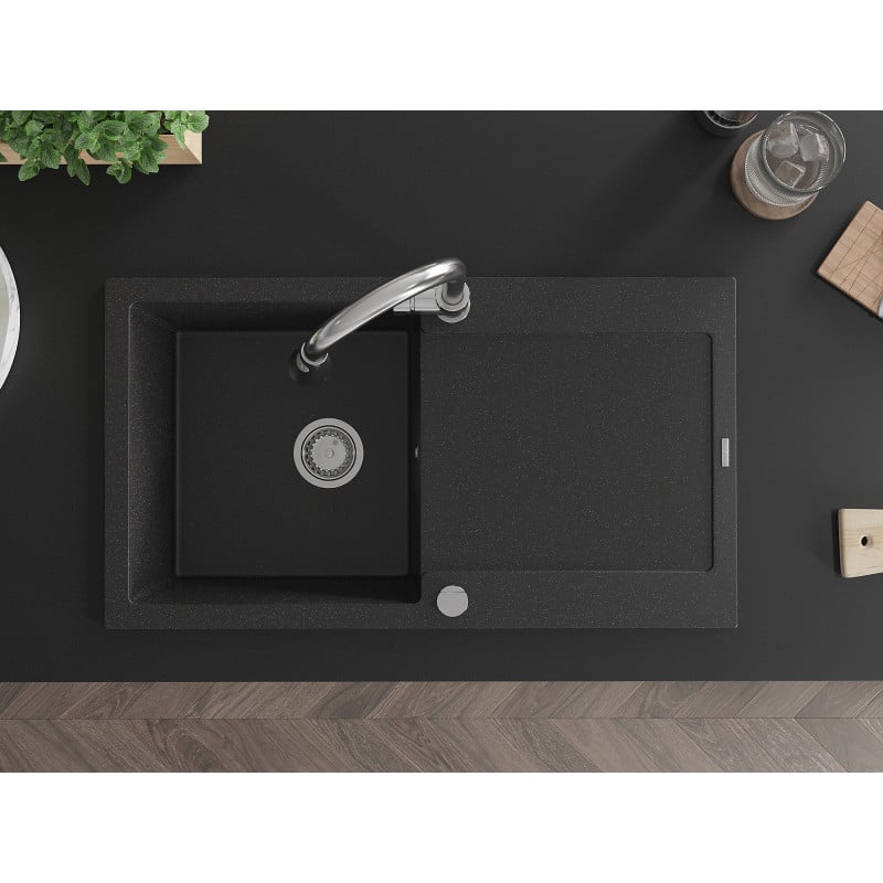 Mexen Leo Granitspüle 1-Becken mit Abtropffläche und Küchenarmatur Elia, schwarz/silber metallic - 6501-73-670101-00