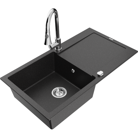 Mexen Leo Granitspüle 1-Becken mit Abtropffläche und Küchenarmatur Elia, schwarz/silber metallic - 6501-73-670101-00