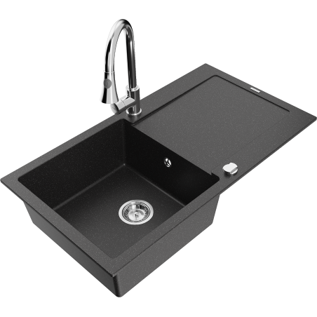 Mexen Leo Granitspüle 1-Becken mit Abtropffläche und Küchenarmatur Elia, schwarz/silberner Metallic - 6501-73-670101-00