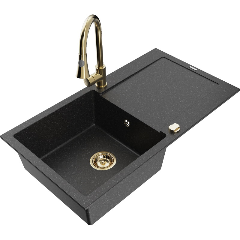 Mexen Leo Granitspüle einteilig mit Abtropfbereich und Küchenarmatur Elia, schwarz/silber metallic - 6501-73-670101-50