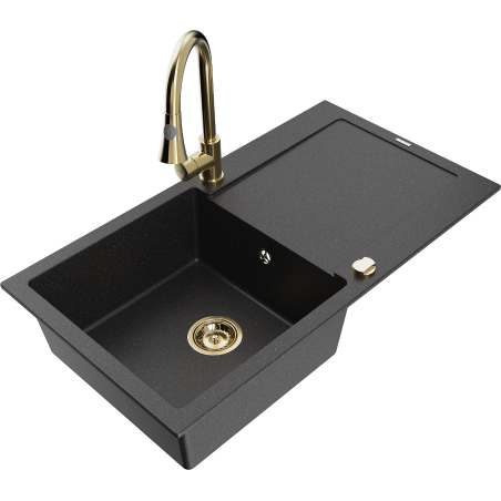 Mexen Leo Granitspüle 1-Becken mit Abtropffläche und Küchenarmatur Elia, schwarz/silber metallic - 6501-73-670101-50