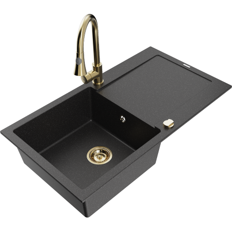 Mexen Leo Granitspüle einteilig mit Abtropfbereich und Küchenarmatur Elia, schwarz/silber metallic - 6501-73-670101-50