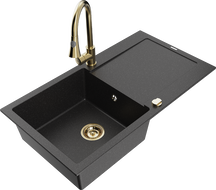 Mexen Leo Granitspüle einteilig mit Abtropfbereich und Küchenarmatur Elia, schwarz/silber metallic - 6501-73-670101-50