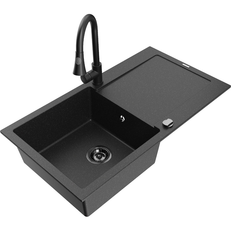 Mexen Leo 1-Kammer Granitspüle mit Abtropffläche und Küchenarmatur Elia, schwarz/silber metallic - 6501-73-670101-70-B