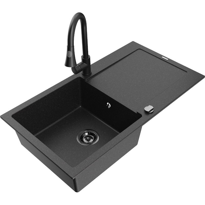 Mexen Leo Granitspüle 1-Becken mit Abtropffläche und Küchenarmatur Elia, schwarz/silber metallic - 6501-73-670101-70-B