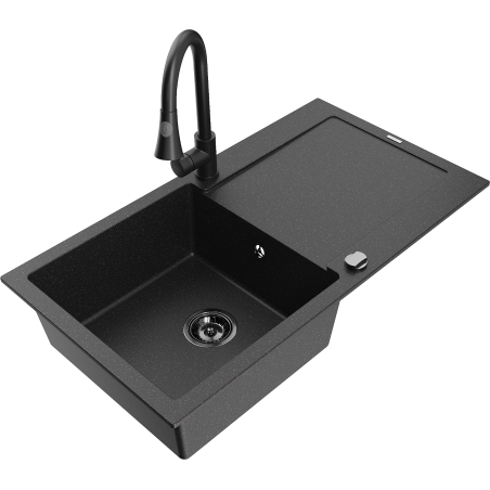 Mexen Leo 1-Kammer Granitspüle mit Abtropffläche und Küchenarmatur Elia, schwarz/silber metallic - 6501-73-670101-70-B