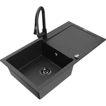 Mexen Leo Granitspüle 1-Becken mit Abtropffläche und Küchenarmatur Elia, schwarz/silber metallic - 6501-73-670101-70-B