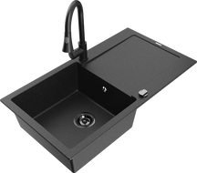 Mexen Leo 1-Kammer Granitspüle mit Abtropffläche und Küchenarmatur Elia, schwarz/silber metallic - 6501-73-670101-70-B