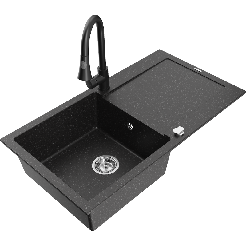 Mexen Leo Granitspüle 1-Becken mit Abtropffläche und Küchenarmatur Elia, schwarz/silber metallic - 6501-73-670101-70