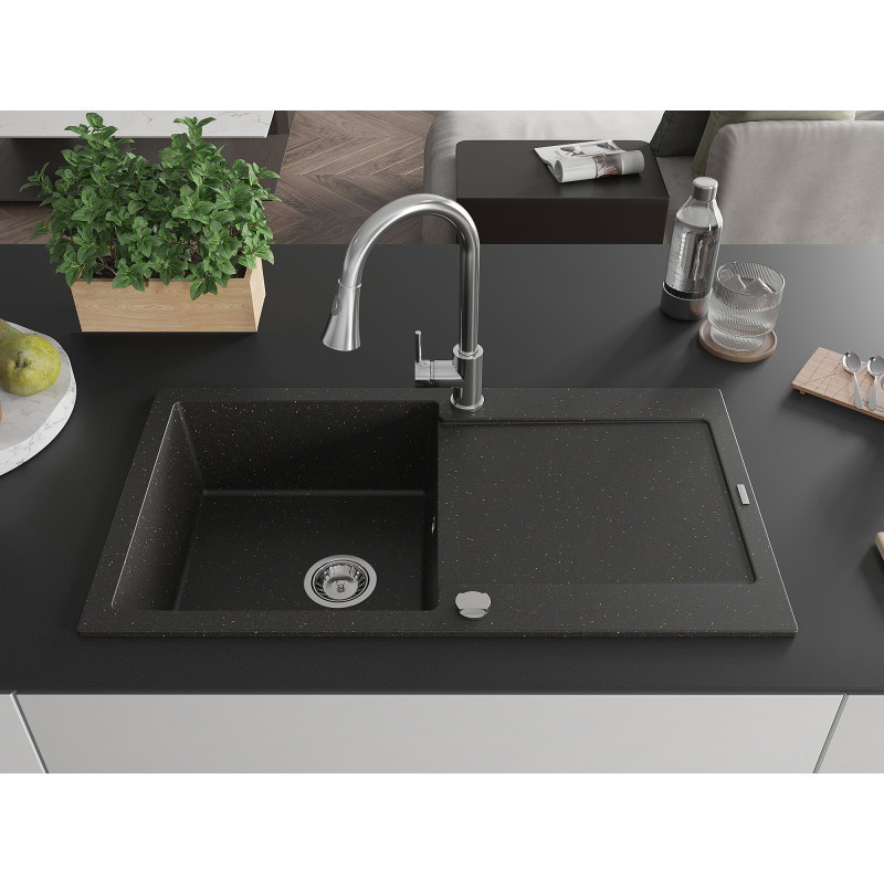 Mexen Leo Granitspüle 1-Becken mit Abtropffläche und Küchenarmatur Elia, schwarz/gold metallic - 6501-75-670101-00