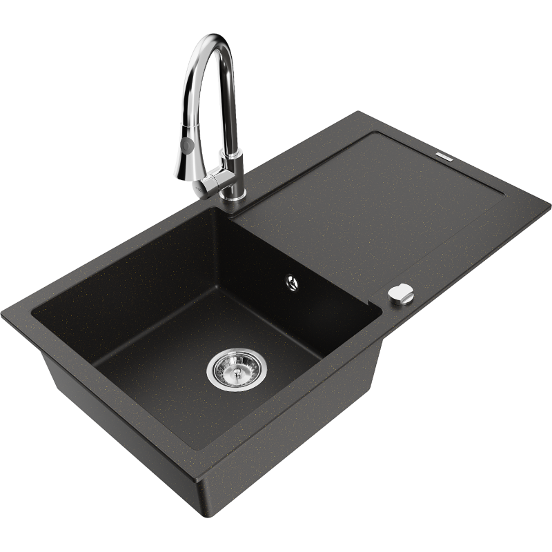 Mexen Leo Granitspüle 1-Becken mit Abtropffläche und Küchenarmatur Elia, schwarz/gold metallic - 6501-75-670101-00