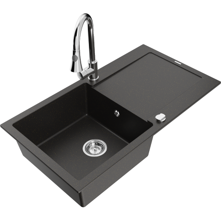 Mexen Leo Granitspüle 1-Becken mit Abtropffläche und Küchenarmatur Elia, schwarz/gold metallic - 6501-75-670101-00