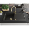 Mexen Leo Granit-Spüle 1-Becken mit Abtropffläche und Küchenarmatur Elia, Schwarz/Gold Metallic - 6501-75-670101-50