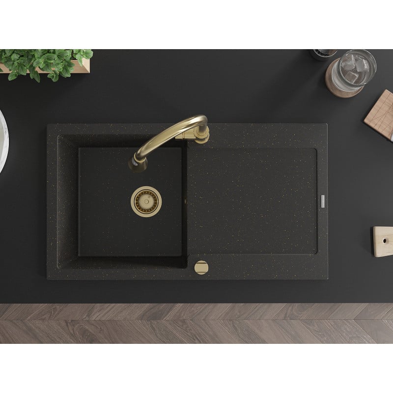 Mexen Leo Granit-Spüle 1-Becken mit Abtropffläche und Küchenarmatur Elia, Schwarz/Gold Metallic - 6501-75-670101-50