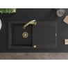 Mexen Leo Granit-Spüle 1-Becken mit Abtropffläche und Küchenarmatur Elia, Schwarz/Gold Metallic - 6501-75-670101-50