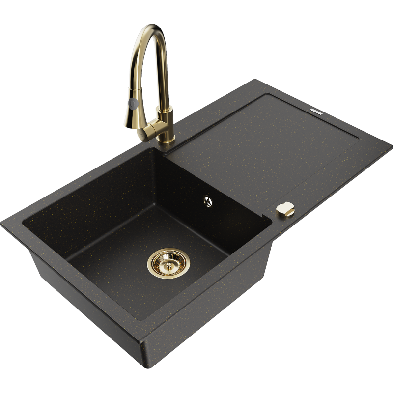 Mexen Leo Granit-Spüle 1-Becken mit Abtropffläche und Küchenarmatur Elia, Schwarz/Gold Metallic - 6501-75-670101-50