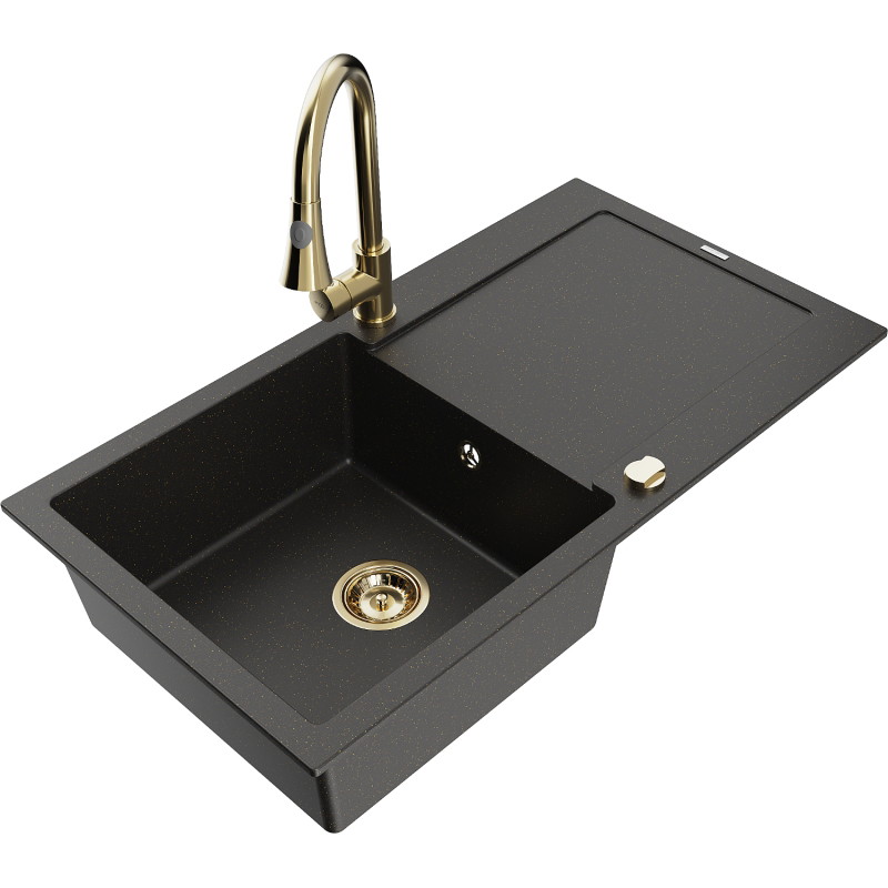 Mexen Leo granitspüle 1-beckig mit abtropffläche und Küchenarmatur Elia, schwarz/gold metallic - 6501-75-670101-50