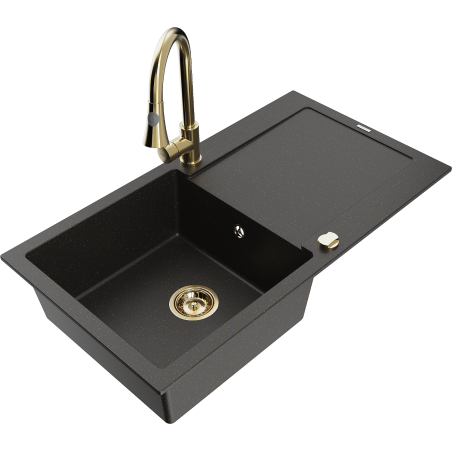 Mexen Leo Granit-Spüle 1-Becken mit Abtropffläche und Küchenarmatur Elia, Schwarz/Gold Metallic - 6501-75-670101-50
