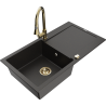 Mexen Leo Granit-Spüle 1-Becken mit Abtropffläche und Küchenarmatur Elia, Schwarz/Gold Metallic - 6501-75-670101-50